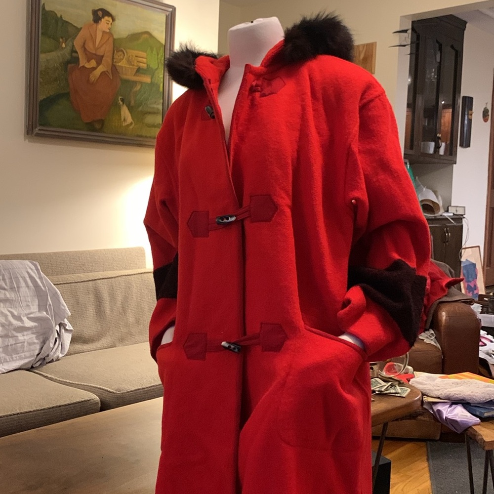 INCREDIBLE OOAK WOOL HUDSON BAY BLANKET COAT GLORIA ARTIGUEZ HOOD WITH FUR